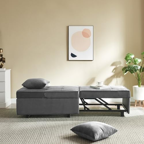 Velvet Convertible Sofa Bed Sleeper Chair with 2 Throw Pillows, Dark Grey U621331
