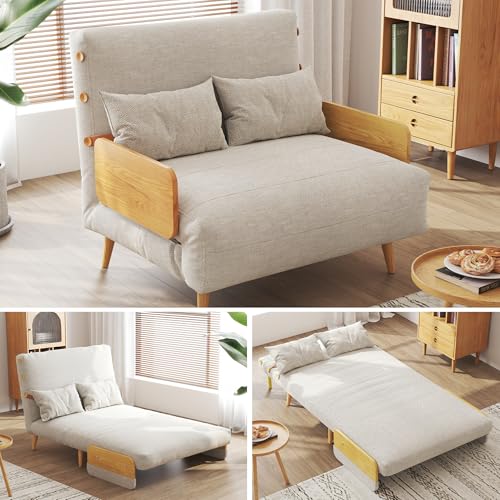 Convertible Chair Bed Sleeper for Adults with Wooden Arms, Linen G638