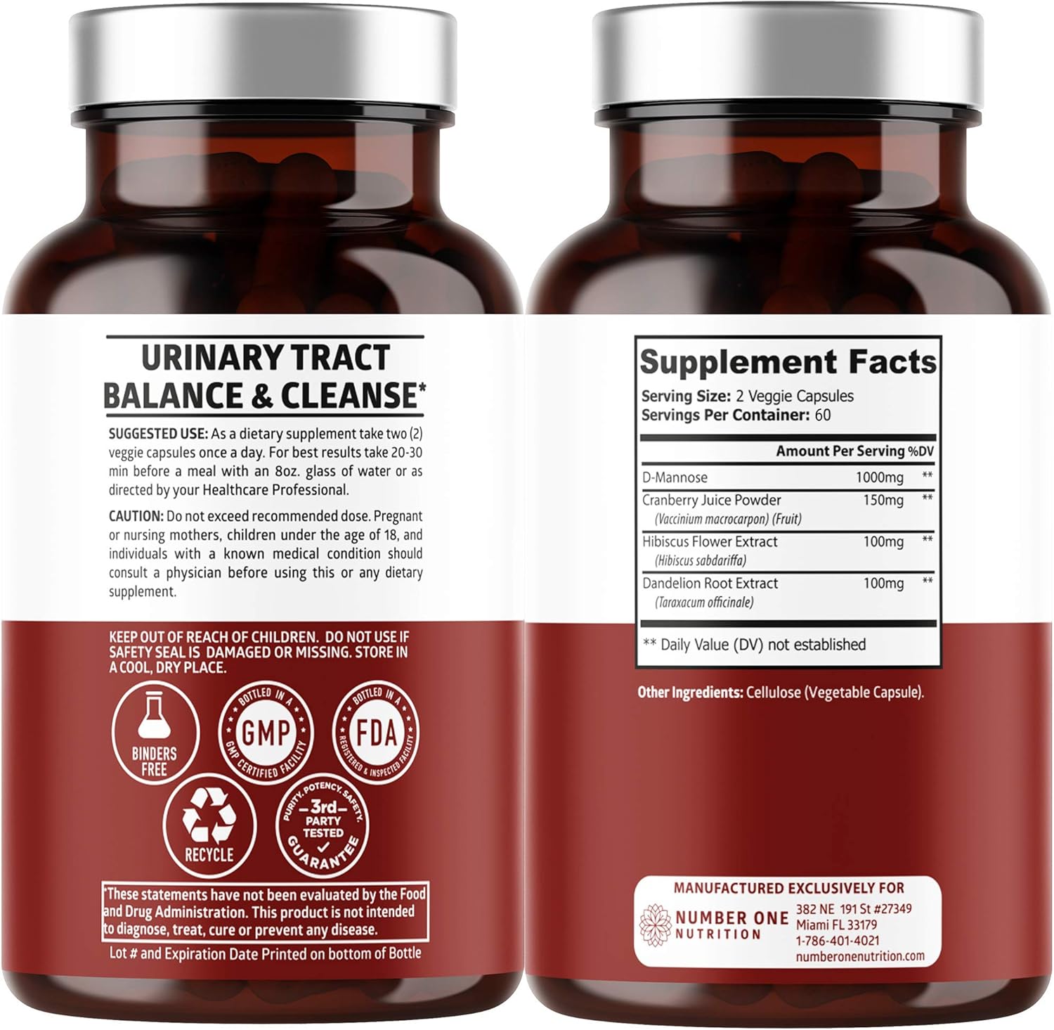 Number One Nutrition D Mannose with Cranberry and Hibiscus 1350mg, 120 Veg Caps L38211