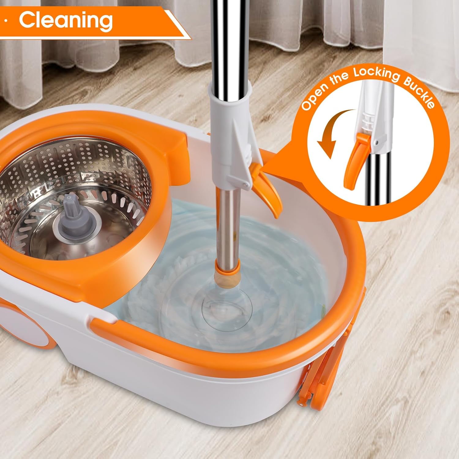 MASTERTOP Spin Mop and Bucket with Wringer, 57" Adjustable Handle, 6 Microfiber Pads O90747