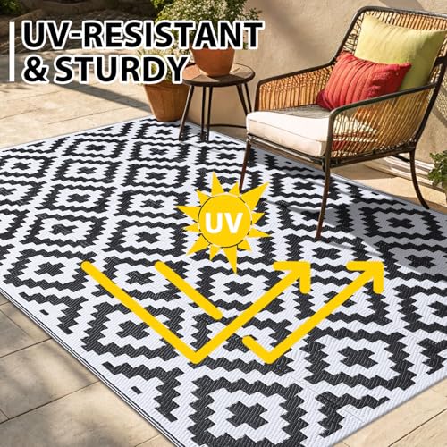 Smiry Waterproof Outdoor Rug 5x8 ft, Reversible Plastic Straw Patio Mat, Black & Beige P20186