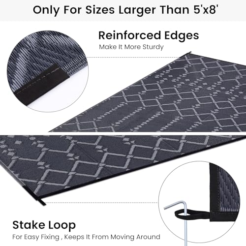 Smiry Waterproof Outdoor Rug 5x8 ft, Reversible Plastic Straw Patio Mat, Black & Beige P20186