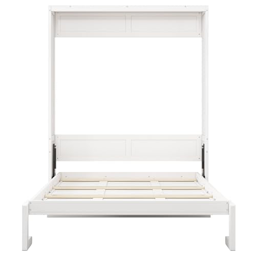 SOFTSEA Full Size Murphy Bed with Desk, Foldable Wall Bed for Guest Room, White W281