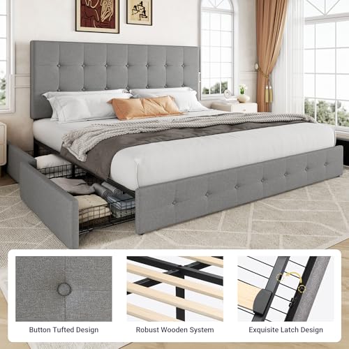 Allewie Upholstered Queen Platform Bed Frame with 4 Drawers and Headboard, Light Grey A922