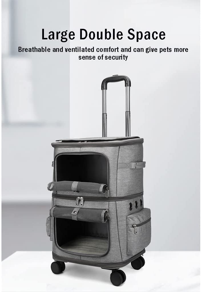 Cat Dog Stroller with Wheels Double-Layer Pet Carrier for 2 Cats Portable Travel C36355