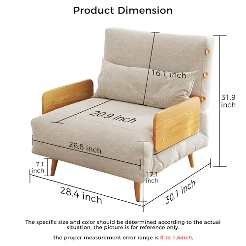 Convertible Chair Bed Sleeper for Adults with Wooden Arms, Linen G638