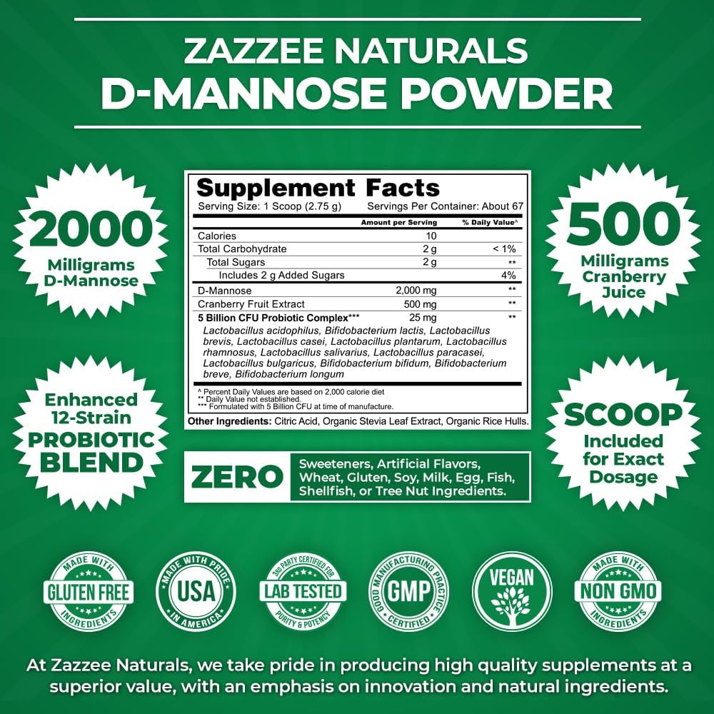 Zazzee D-Mannose Powder Plus, 2000 mg, 67 Servings, with Probiotics & Cranberry, 6.5 Oz Z235