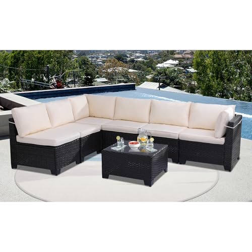KIGOTY Patio Furniture Set 7 Pieces Outdoor Sectional Sofa with Cushions and Glass Coffee Table B60021