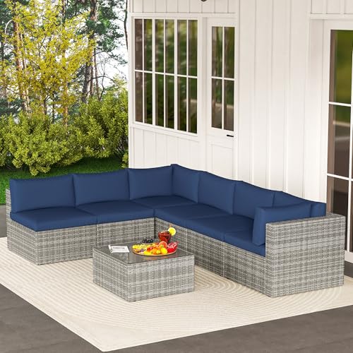 Outdoor Patio Furniture Set with Glass Tea Table, PE Rattan Wicker, Grey V687