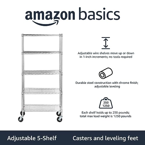 Amazon Basics 5-Shelf Heavy Duty Storage Shelving Unit on Casters, Black A813013