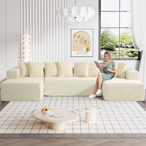 131" Modular Sectional Sofa Cloud Couch, Corduroy Memory Foam Black Sectional Couches for Living Room, Modern Deep Seat Boneless Sofa, Comfy Fluffy Plush U Shaped Couch with Chaise Lounge