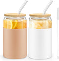 sungwoo Glass Cups with Bamboo Lids and Straws, 16OZ Ice Coffee Cup, Drinking Cup set with Wooden Lids and Silicone Sleeve, Home Essential Glass Tumblers for Beer, Tea and Latte 2 Pack