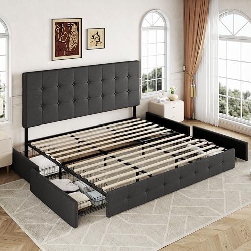 Allewie Upholstered Queen Platform Bed Frame with 4 Drawers and Headboard, Light Grey A922