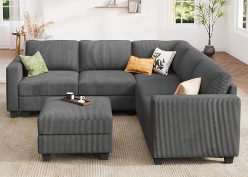 HONBAY Corduroy Modular Sectional Couch with Storage, Dark Gray A586576