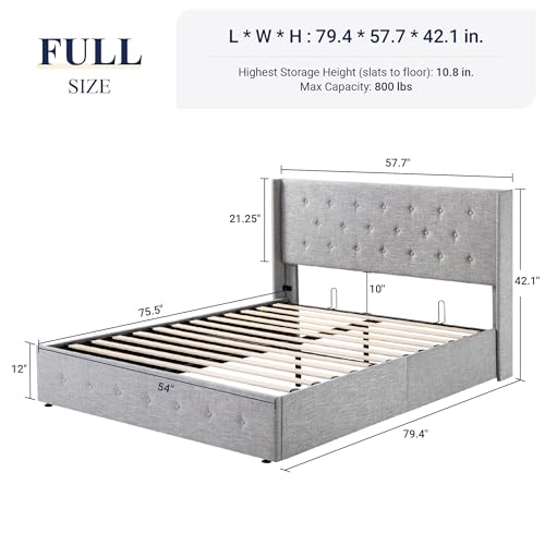 Allewie Full Size Lift Up Storage Bed with Wingback Headboard, Light Beige C85153