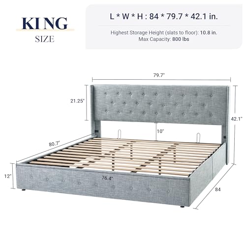 Allewie Full Size Lift Up Storage Bed with Wingback Headboard, Light Beige C85153