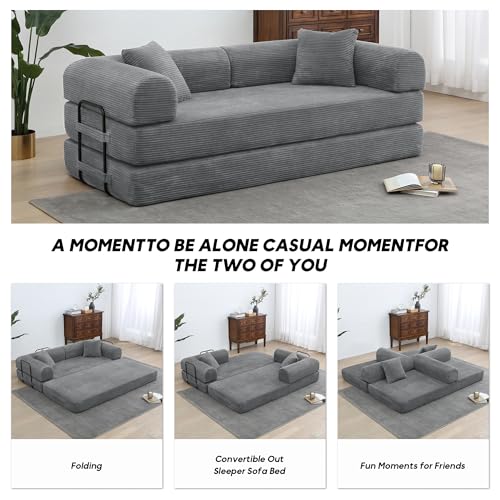 Corduroy Convertible Sleeper Sofa Bed with Pillow, Beige S401207
