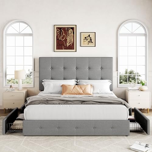Allewie Upholstered Queen Platform Bed Frame with 4 Drawers and Headboard, Light Grey A922
