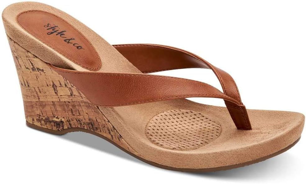 Style & Co. Women's Patent Thong Wedge Sandals Brown 9 Medium V6890