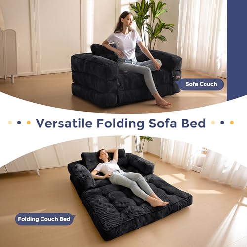 MAXYOYO Folding Sofa Bed L-Shaped Convertible Sleeper Couch with Pillow, Dark Grey X9070