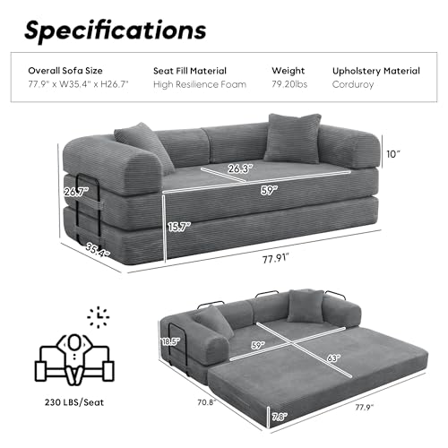 Corduroy Convertible Sleeper Sofa Bed with Pillow, Beige S401207