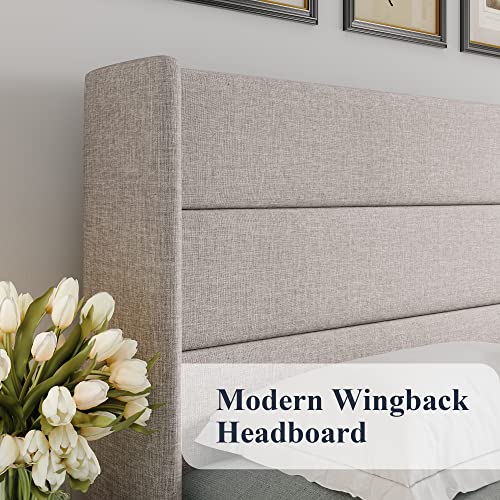 Allewie Full Size Lift Up Storage Bed with Wingback Headboard, Light Beige C85153