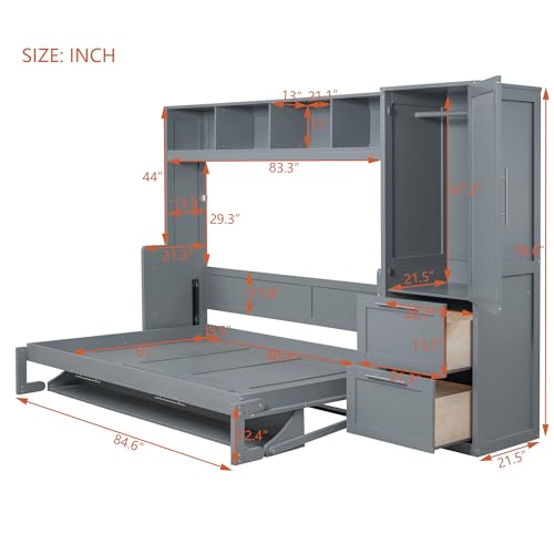 Queen Size Murphy Bed Wall Bed with Closet and Drawers, Gray P80410
