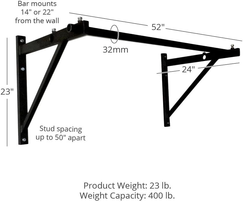 Titan Fitness Adjustable Depth 52" Wall Mounted Pull Up Bar, 400 LB Capacity F4753