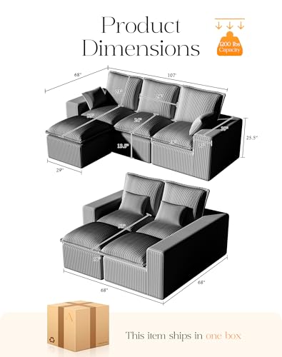 Comfy Cloud Couch with L-Shape Chaise, Modular Sectional Sofa in a Box, Soft Corduroy, Black U67688