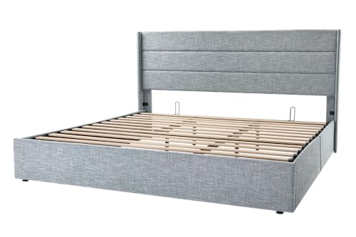 Allewie Full Size Lift Up Storage Bed with Wingback Headboard, Light Beige C85153