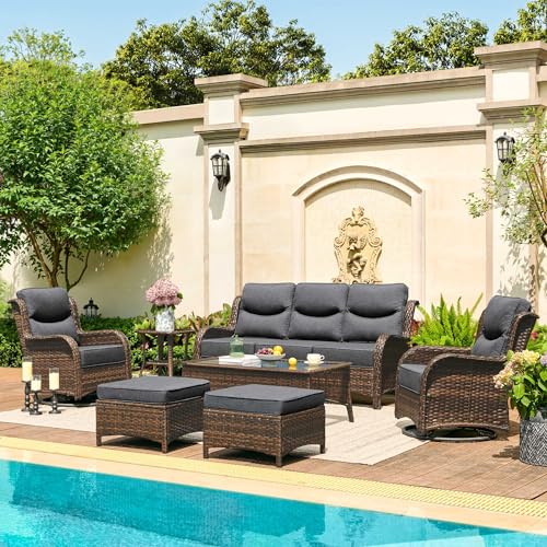 Luxury Patio Furniture Set 7PCS Wicker Conversation Set with Blue Cushions J5390