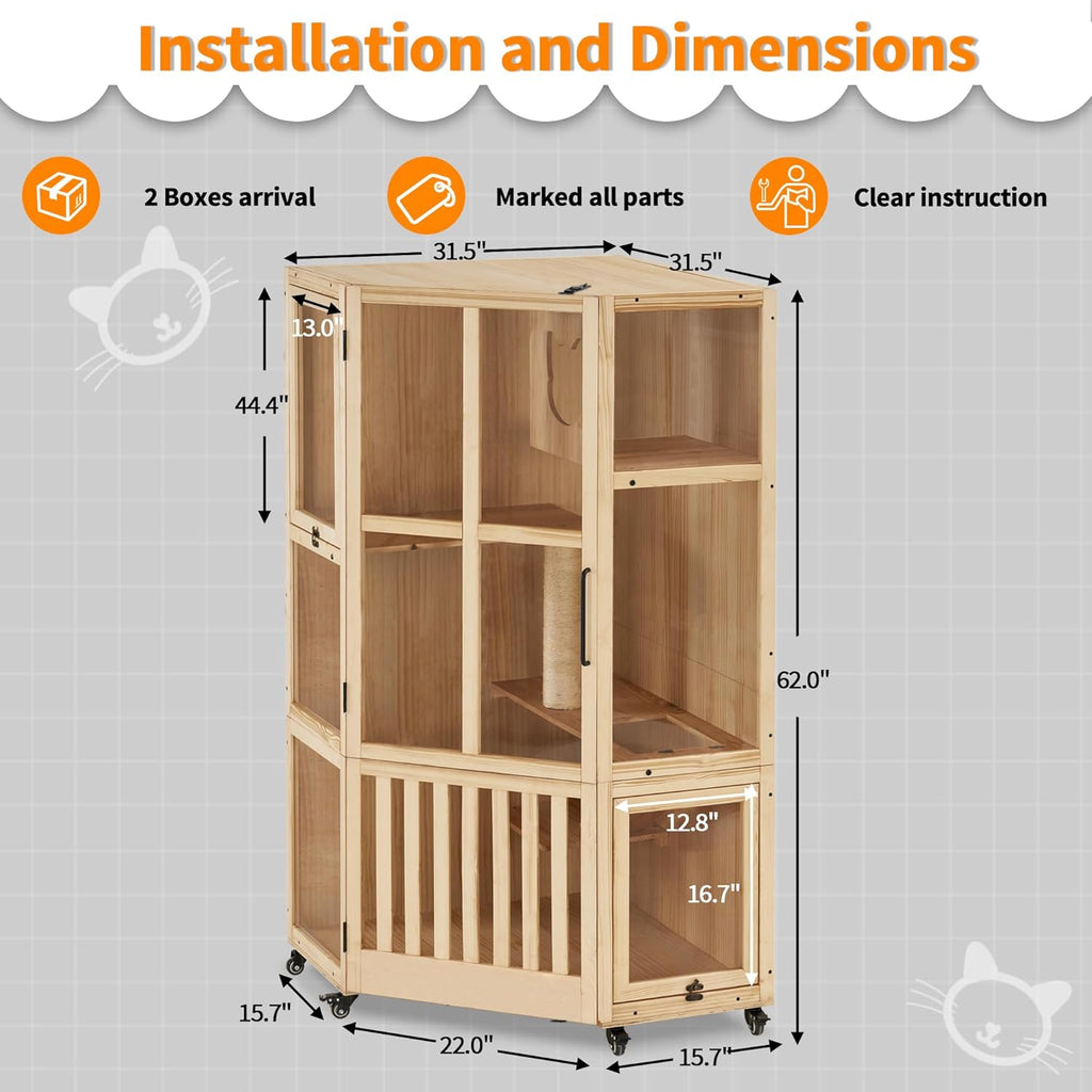 MCombo Large Corner Cat House Villa Wooden Indoor Cat Enclosure with Scratching Post M143