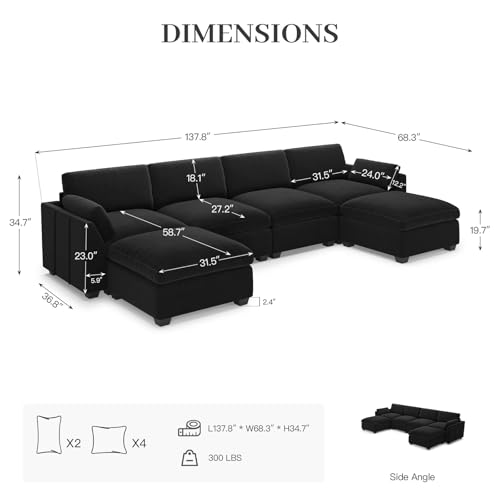 Belffin Extra Large Modular Sectional Sofa, 4-Seater L Shaped Velvet Couch, Black A1471