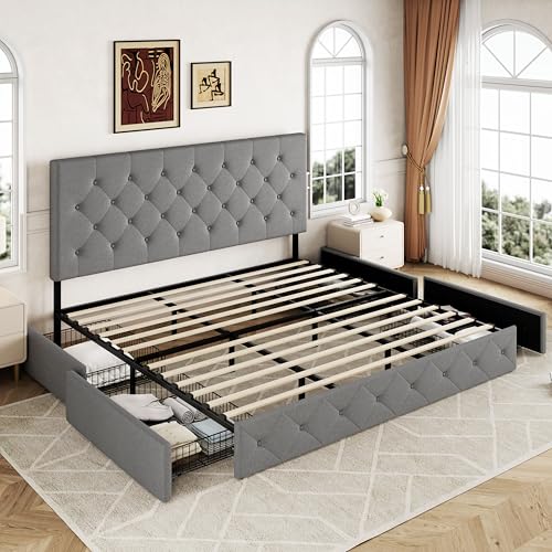 Allewie Upholstered Queen Platform Bed Frame with 4 Drawers and Headboard, Light Grey A922