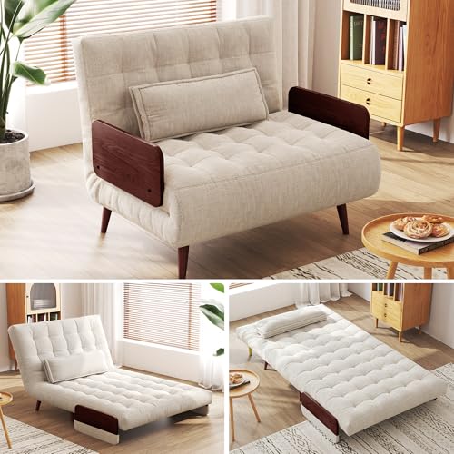 Convertible Chair Bed Sleeper for Adults with Wooden Arms, Linen G638