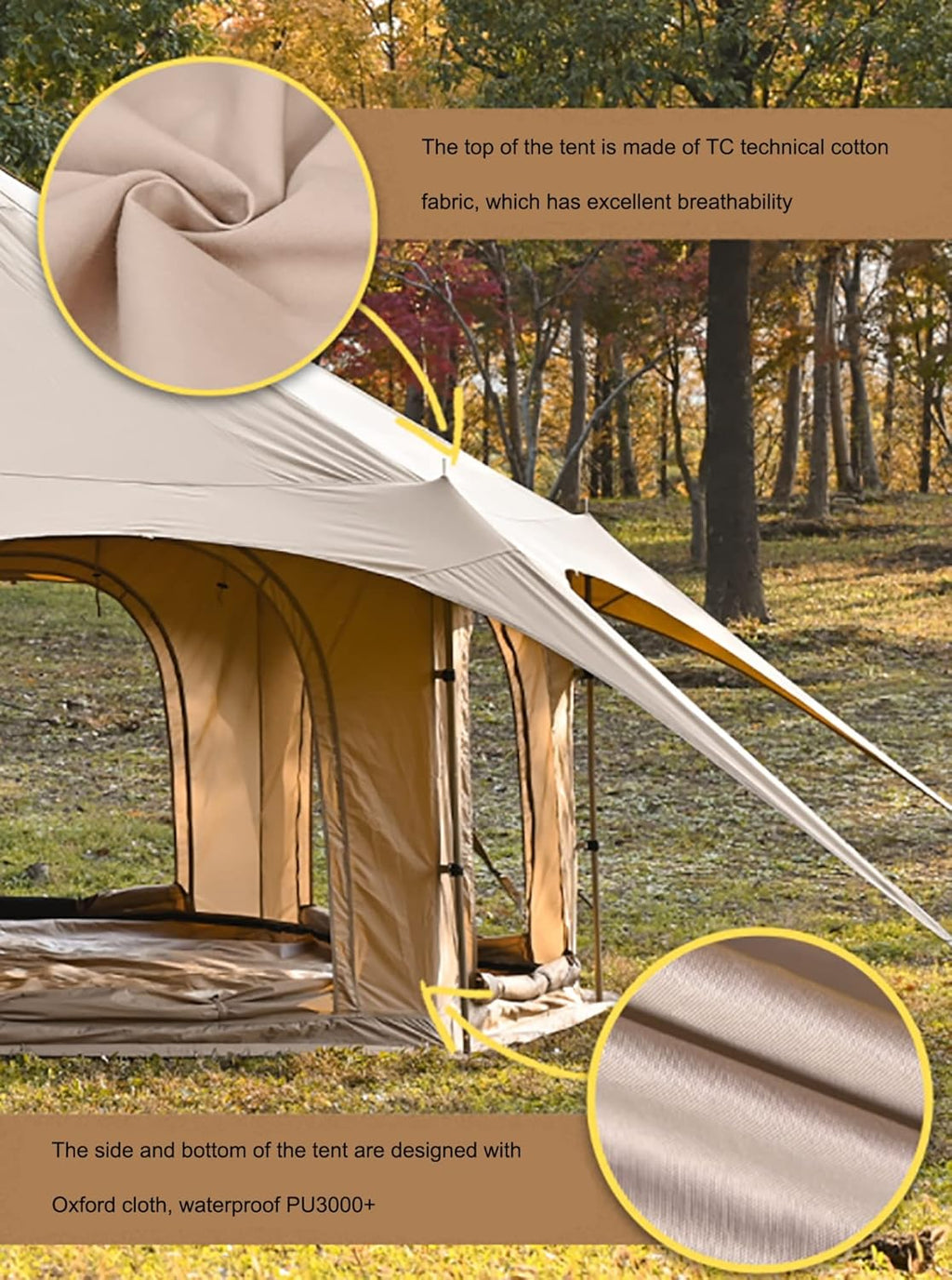 Outdoor Waterproof Cotton Canvas Bell Tent 4 Season for 8-10 Person Camping with Stove Jack Beige A426564
