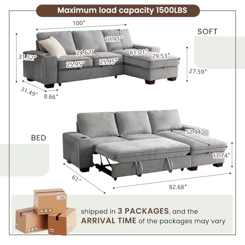 ASHOMELI 99" Convertible Sleeper Sofa Bed L Shaped with Storage Chaise, Gray Z77215