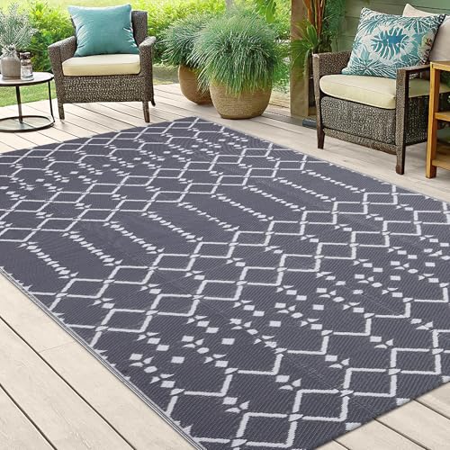 Smiry Waterproof Outdoor Rug 5x8 ft, Reversible Plastic Straw Patio Mat, Black & Beige P20186