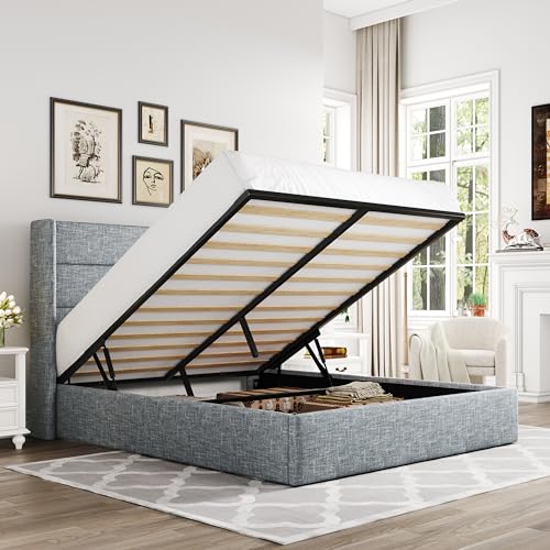 Allewie Full Size Lift Up Storage Bed with Wingback Headboard, Light Beige C85153