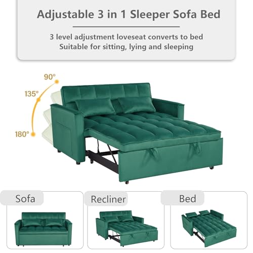 3 in 1 Convertible Sleeper Sofa Bed Futon with Adjustable Backrest, Velvet, Black Q74350