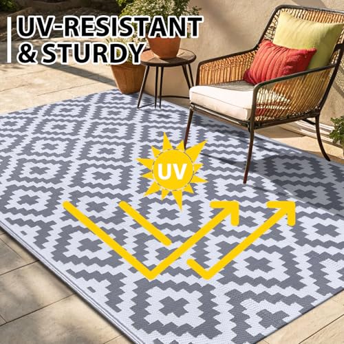 Smiry Waterproof Outdoor Rug 5x8 ft, Reversible Plastic Straw Patio Mat, Black & Beige P20186
