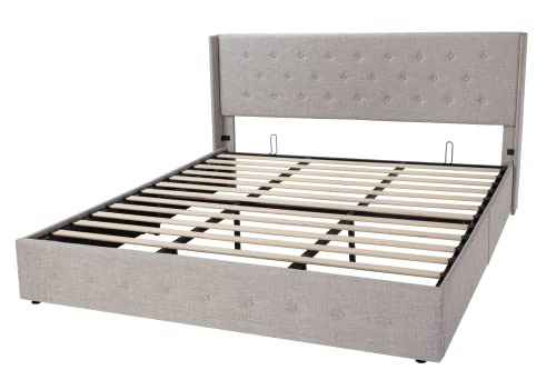 Allewie Full Size Lift Up Storage Bed with Wingback Headboard, Light Beige C85153