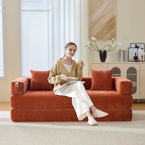 Corduroy Convertible Sleeper Sofa Bed with Pillow, Beige S401207