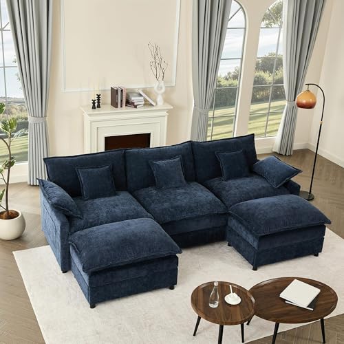 U Shaped Modular Sectional Sofa with Ottoman, Chenille, Black P2121
