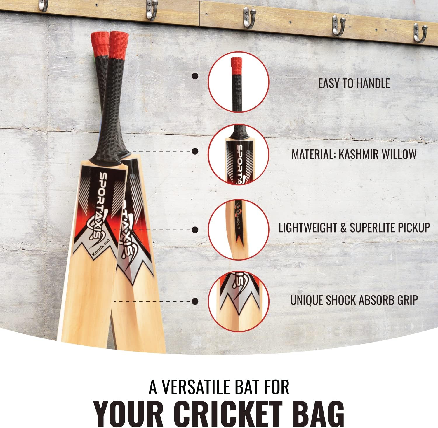 SPORTAXIS Wooden Kashmir Willow Cricket Bat with Foam-Padded Bag T3787