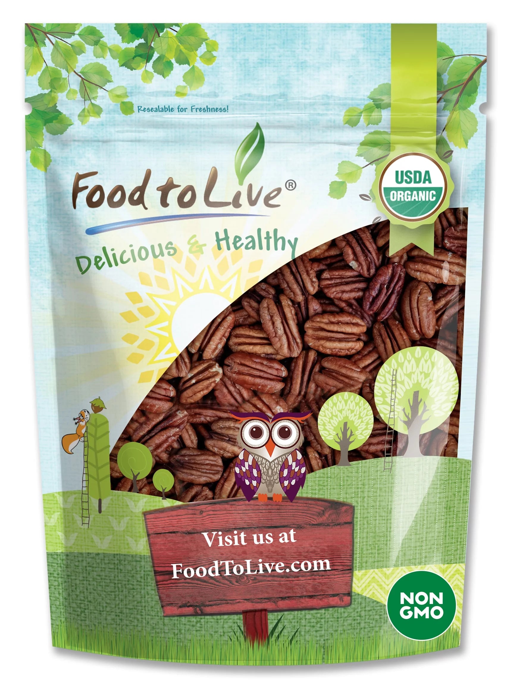 Organic Roasted Pecan Halves with Himalayan Salt, 1 Pound — Non-GMO, Kosher, Vegan — by Food to Live