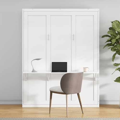 SOFTSEA Full Size Murphy Bed with Desk, Foldable Wall Bed for Guest Room, White W281