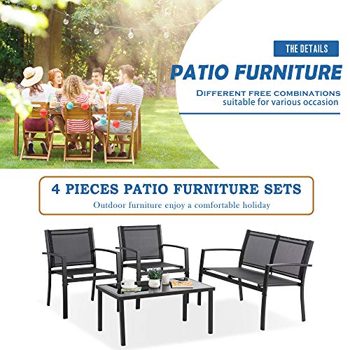 Vongrasig 4 Piece Patio Conversation Set with Glass Coffee Table, Black E428