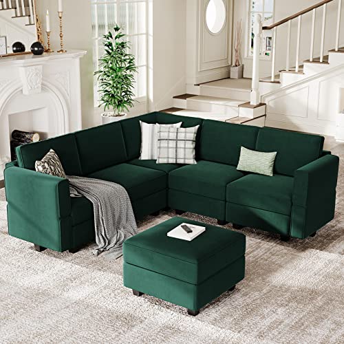 Belffin Modular Velvet Sectional Sofa with Chaise Lounge and Storage, Grey T418154