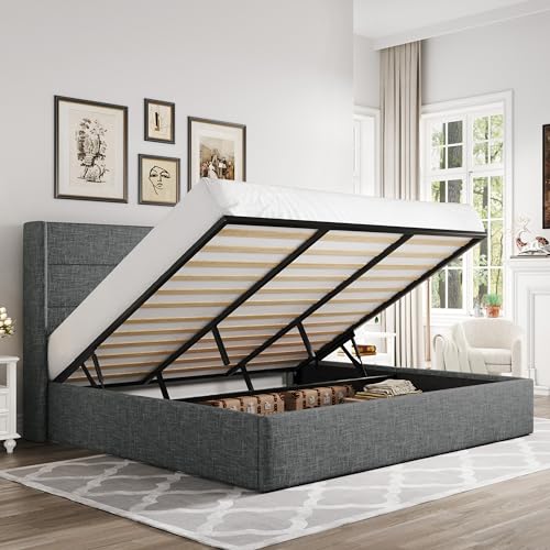 Allewie Full Size Lift Up Storage Bed with Wingback Headboard, Light Beige C85153